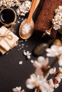 Bahar Spa Konsept: deniz tuzu, çiçekli kiraz dallar, havlu, sabun. Üstten Görünüm.