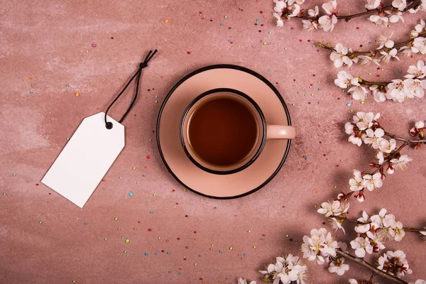 Eine Tasse Tee Der Frühlingsdekoration Blick Von Oben Platz Für — Stockfoto