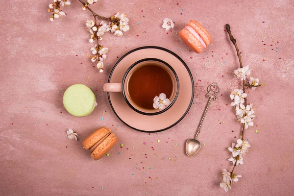 Eine Tasse Tee Der Frühlingsdekoration Blick Von Oben Platz Für — Stockfoto