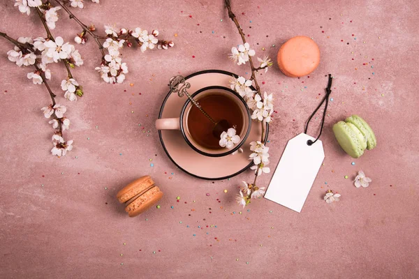 Una Taza Decoración Primavera Vista Desde Arriba Lugar Para Texto —  Fotos de Stock