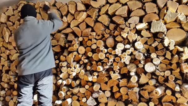 Человек готовит стопку дров зимой и на заднем плане. — стоковое видео