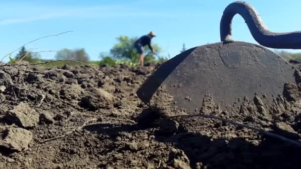 Una herramienta para cultivar el suelo, y el hombre en un sombrero cultiva el suelo en el fondo — Vídeo de stock