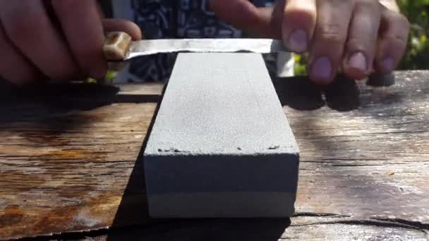Afiando faca de cozinha em uma pedra de amolar. 4K UHD — Vídeo de Stock