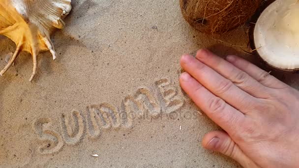 Skriver ordet sommaren, på sanden på stranden med en snäcka och en kokosnöt — Stockvideo