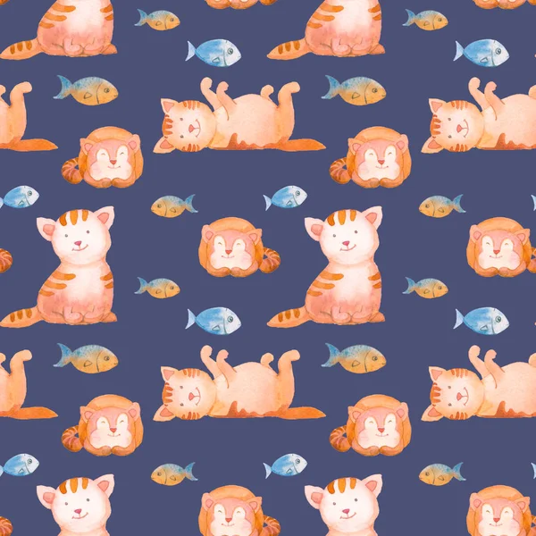 Watercolor cats seamless pattern.