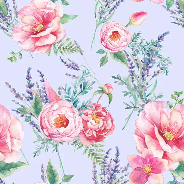 Watercolor lavender and garden flowers seamless pattern. Hand drawn peony, roses, tulip, fern leaves repeating texture on pastel background. Floral wallpaper design — Stock Image Watercolor Lavender Garden Flowers Seamless Pattern Hand Drawn Peony Roses Stock Picture