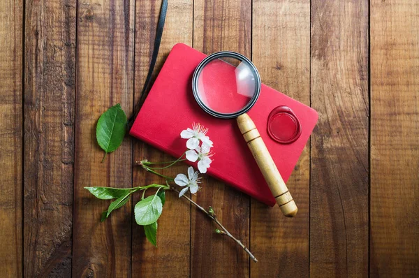 Red notebook and magnifier — Stock Photo, Image