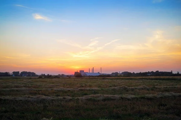 Sonnenuntergang und ländliche Wiese — Stockfoto