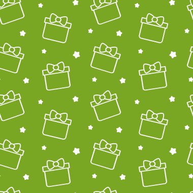 sevimli çizgi hediye kutusu yeşil arka plan sorunsuz vektör desen çizim üzerinde