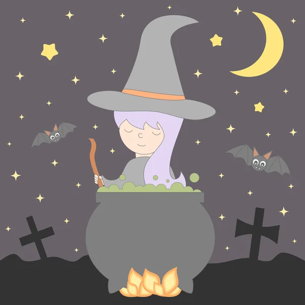 Cute nice young cartoon witch cooks a potion in the cauldron in the night halloween vector illustration — Stock Vector