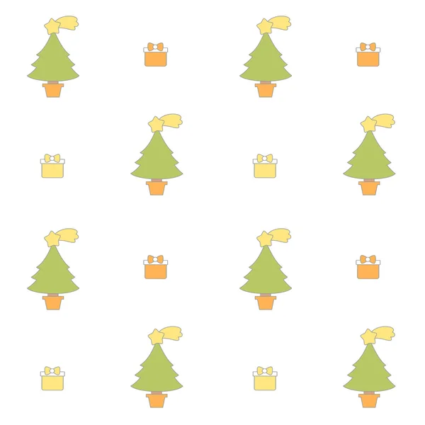 Roztomilý kreslený vánoční stromeček bezešvá vektorová vzor pozadí svátků ilustrace s Dárkový box — Stockový vektor