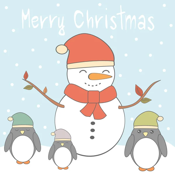 Feliz tarjeta vectorial de Navidad con lindos pingüinos de dibujos animados de colores y muñeco de nieve — Vector de stock