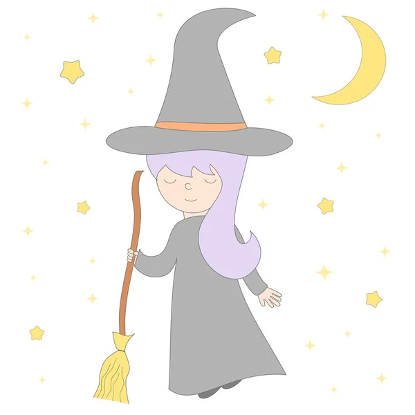 Roztomilý kreslený krásný halloween čarodějnice s koštětem vektorové ilustrace — Stockový vektor