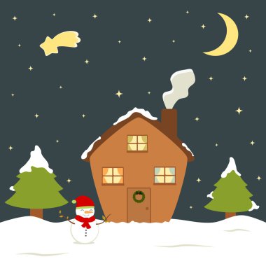 sevimli çizgi Noel arifesi tatil evi kış kar, kardan adam ve çam ağacı hediye kartı vektör çizim