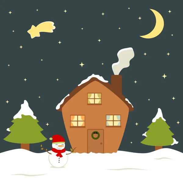 Lindo dibujo animado Navidad víspera casa de vacaciones invierno nieve, muñeco de nieve y pino regalo tarjeta vector ilustración — Vector de stock