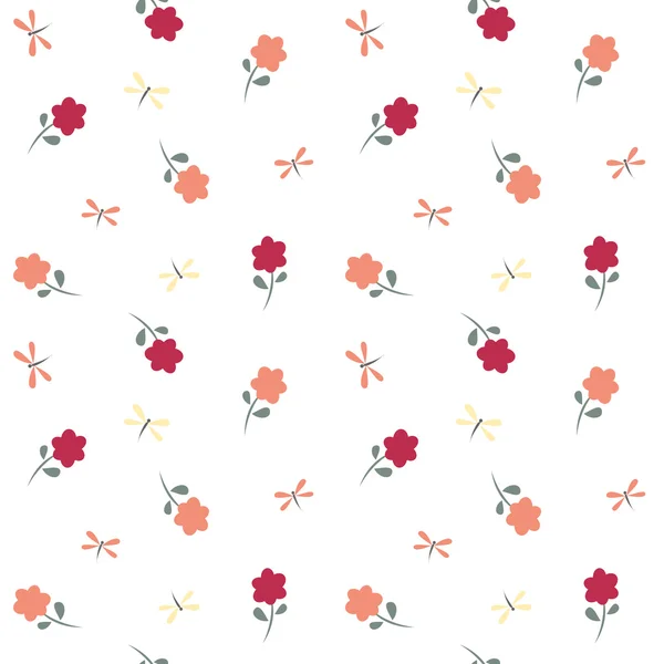 Lindo precioso patrón vectorial sin costura ilustración de fondo con flores y libélulas — Vector de stock