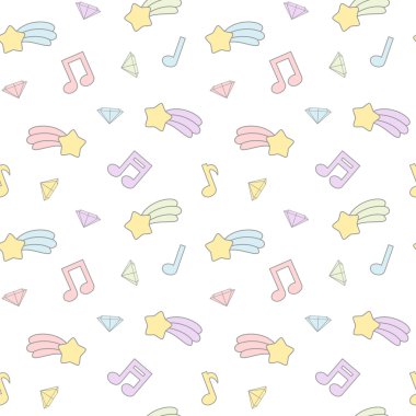 sevimli çizgi renkli kesintisiz vektör desen arka plan illüstrasyon yıldız kuyruklu yıldız, müzik notlar ve elmas ile karıştırın