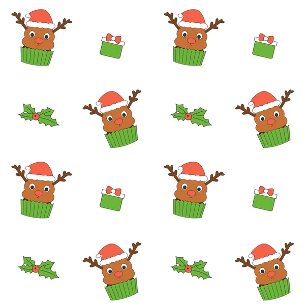 Cute cartoon reindeer cupcake with santa claus hat seamless vector pattern background illustration — Stock Vector