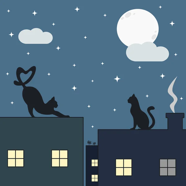 별이 빛나는 밤 벡터 일러스트 레이 션에 지붕에 귀여운 고양이 — 스톡 벡터