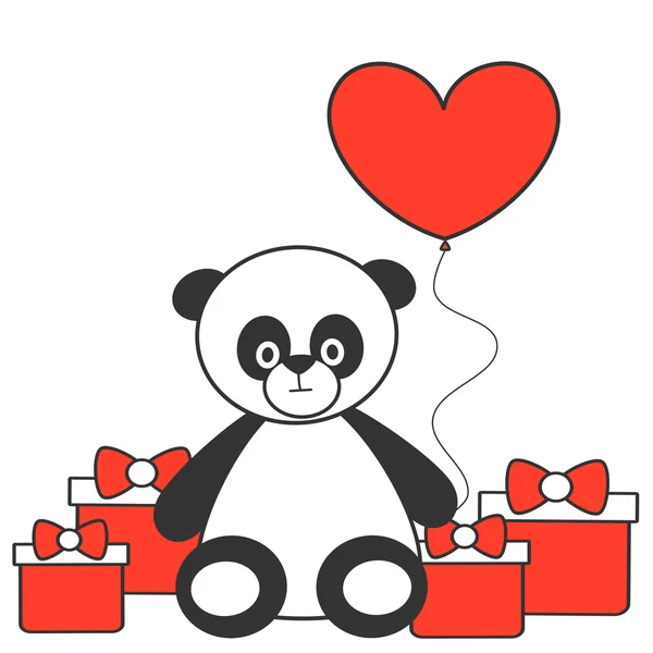 Carino cartone animato bel panda con palloncino cuore e scatola regalo vettoriale illustrazione — Vettoriale Stock