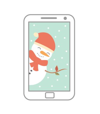 kardan adam ile sevimli çizgi telefon vektör christmas illüstrasyon