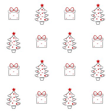 sevimli güzel el çekilmiş siyah beyaz kırmızı hediye kutusu ve Noel ağacı doğrusal vektör çizim Dikişsiz desen arka plan