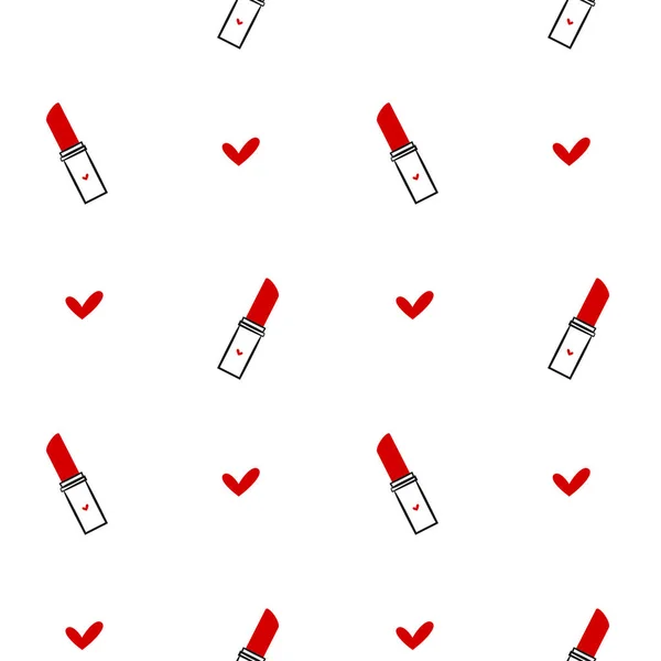 Lindo dibujado a mano lápiz labial rojo vector lineal ilustración patrón sin costura sobre fondo blanco — Vector de stock