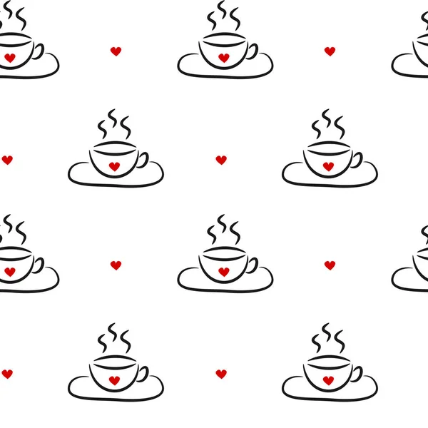 Mignon noir blanc tasse à café linéaire avec coeur rouge motif vectoriel sans couture illustration de fond — Image vectorielle