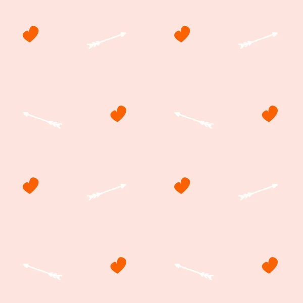 Lindos corazones rojos y flechas blancas sobre fondo rosa sin costuras patrón vectorial ilustración — Vector de stock