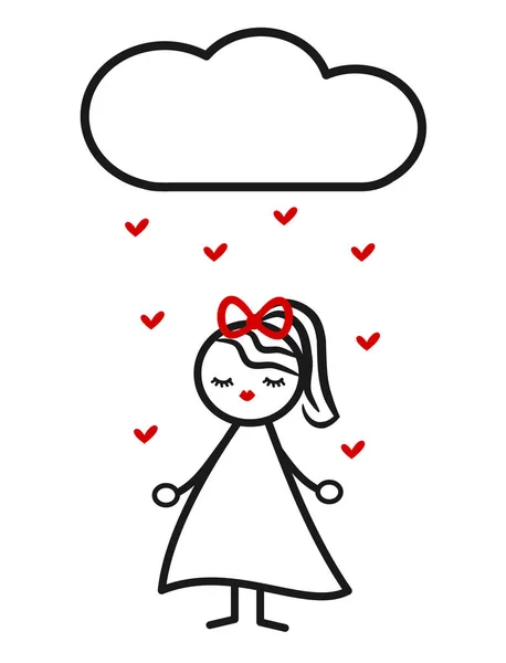 Cute lovely black white red stick figure girl and cloud drops hearts concept vector illustration — Stock Vector