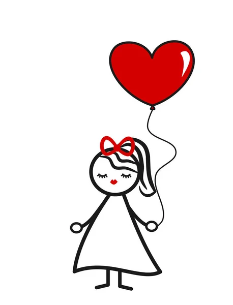Lindo precioso negro blanco rojo palo figura chica con globo de corazón concepto vector ilustración — Archivo Imágenes Vectoriales