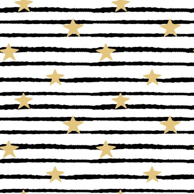 sorunsuz vektör desen arka plan illüstrasyon el ile altın yıldız siyah ve beyaz çizgili arka plan üzerinde çizilmiş.