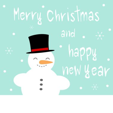 sevimli çizgi neşeli Noel ve mutlu yeni yıl el kardan adam ile çizilmiş tebrik kartı