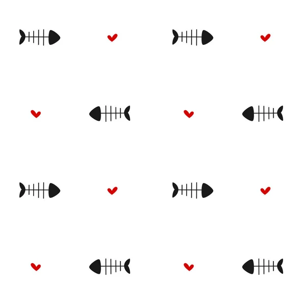 Siyah beyaz kırmızı sorunsuz vektör desen arka plan illüstrasyon balık kemikleri ve kalpleri ile — Stok Vektör