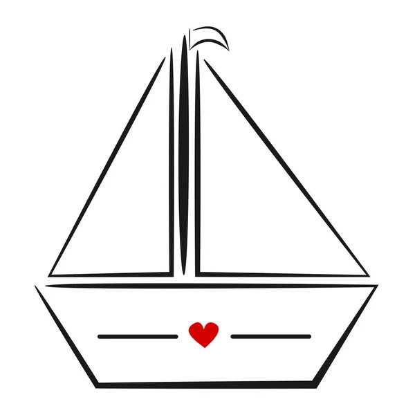 Lindo negro blanco mano dibujado barco lineal con rojo corazón vector logotipo ilustración — Archivo Imágenes Vectoriales