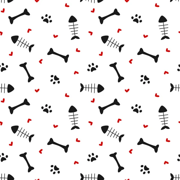 cute black white red seamless vector pattern background illustration with bones, hearts, paws and fish bones