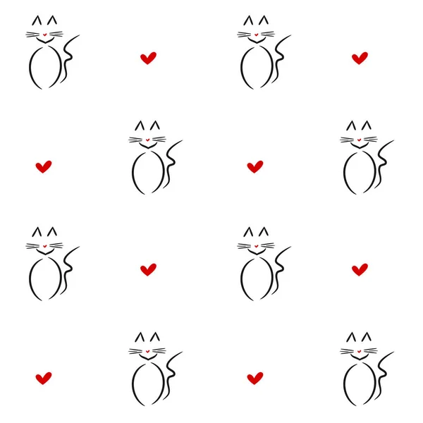Mignon noir blanc rouge linéaire chat motif vectoriel sans couture illustration de fond — Image vectorielle