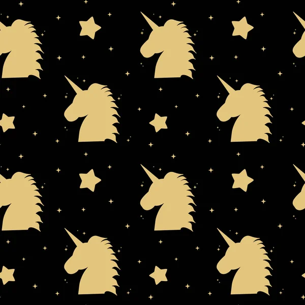 Cute unicorn emas siluet pada latar belakang hitam tak berjahit pola vektor ilustrasi - Stok Vektor