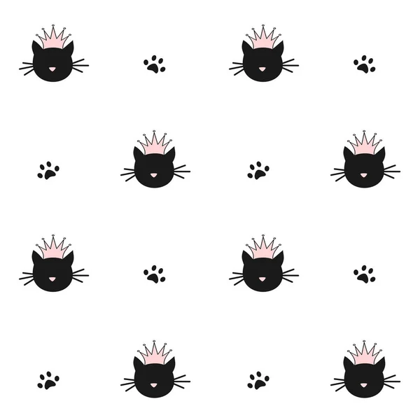Schattig zwarte katten silhouet met roze kroon naadloze patroon achtergrond vectorillustratie — Stockvector
