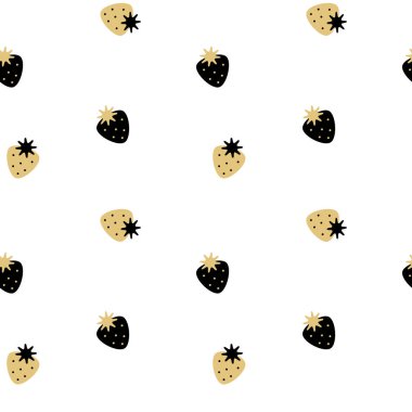 siyah beyaz altın sorunsuz vektör desen arka plan illüstrasyon çilek ile