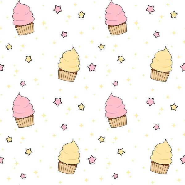 Lindo rosado y amarillo cupcake de dibujos animados con estrellas sin costuras patrón de fondo ilustración — Archivo Imágenes Vectoriales