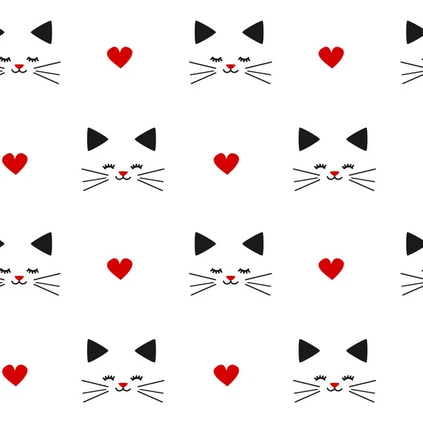 Roztomilé krásné černé bílé červená bezešvé vektorové ilustrace vzor pozadí s kočkami a srdce — Stockový vektor
