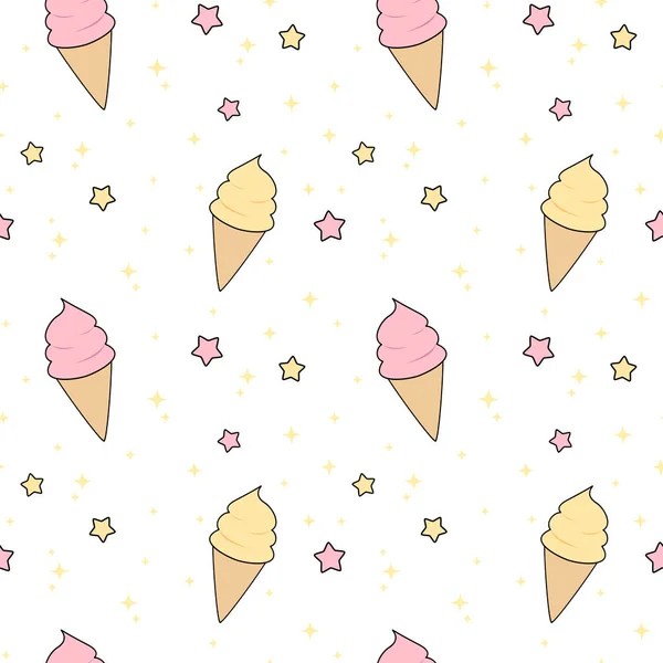 Cute pink and yellow cartoon ice cream with stars seamless vector pattern background illustration — Stock Vector