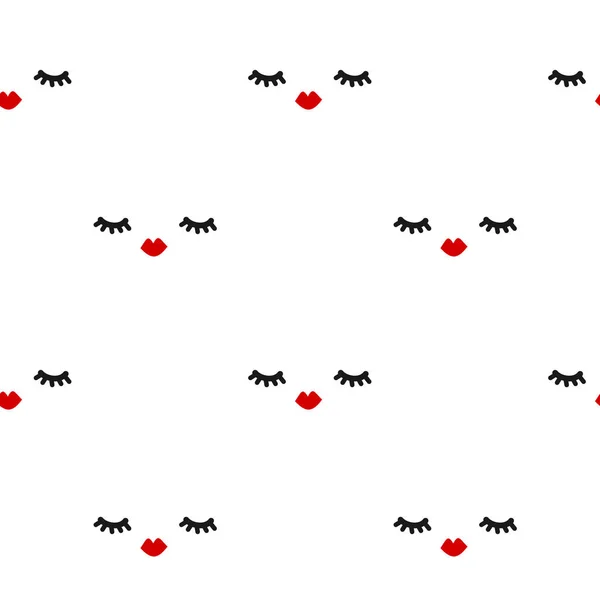 Милый бесшовный векторный рисунок фона с ресницами и красными губами — стоковый вектор