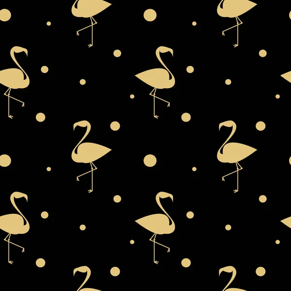 Fekete és arany folytonos vector minta háttér illusztráció flamingók és körök — Stock Vector