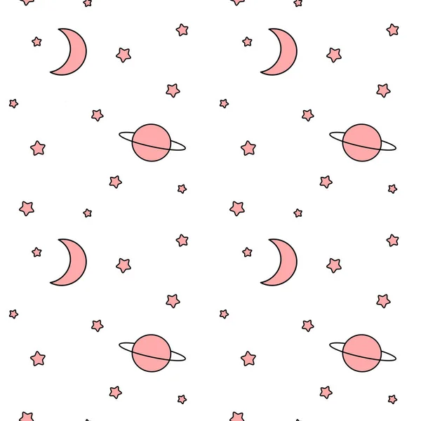 Pink white and black seamless vector pattern background illustration with moon stars and planet — Stock Vector