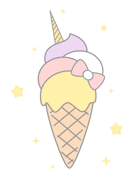귀여운 만화 레인 보우 유니콘 아이스크림 벡터 일러스트 레이 션 흰색 배경에 고립 — 스톡 벡터