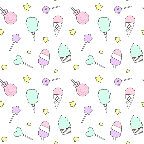 Cute cartoon colorful seamless vector pattern with candies, ice cream, lollipop and cotton candy — Stock Vector