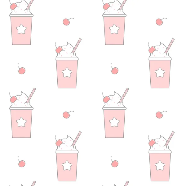 Lindo dibujo animado rosa para llevar taza de plástico con crema batida y cereza sin costuras patrón de fondo ilustración — Vector de stock