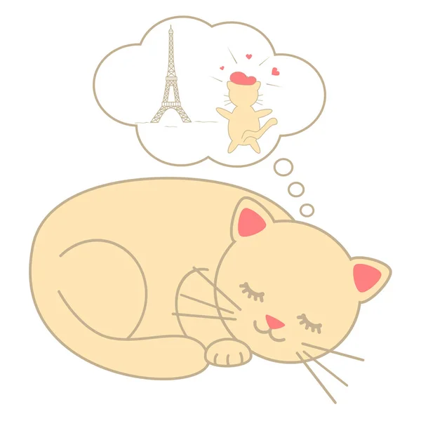 Милий мультфільм спальний кішка сновидінь Париж Векторні ілюстрації ізольовані на білому тлі — стоковий вектор